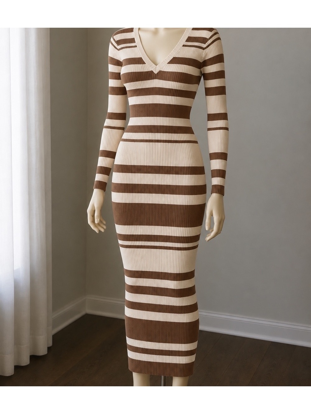Say What? Brown Cream Striped Ribbed Knit Maxi Dress Women M V Neck Long Sleeve